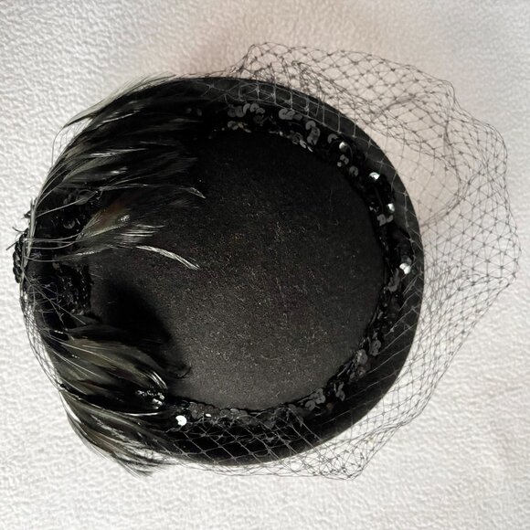 Black Wool Felt Hat iwth Big Feathers, Sequins, Netting - Picture 8 of 10